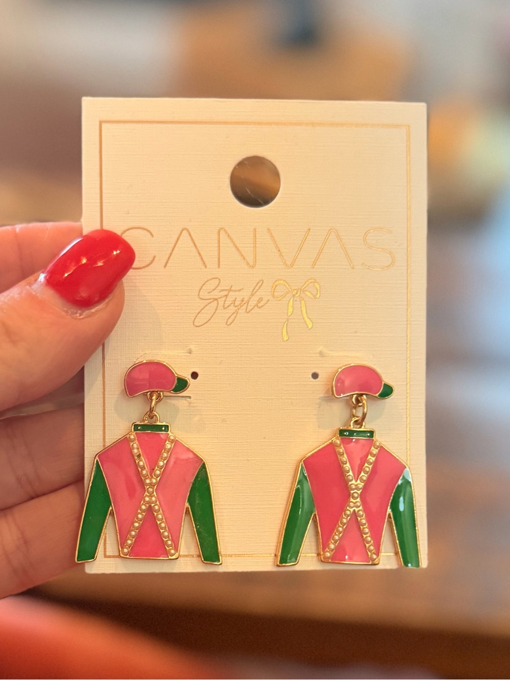 Canvas Style Pink & Green Jockey Silhouette Earrings
